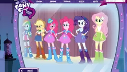 Size: 948x538 | Tagged: safe, derpibooru import, applejack, fluttershy, pinkie pie, rainbow dash, rarity, equestria girls, balloon, become an equestria girl, boots, bracelet, clothes, hat, high heel boots, jewelry, skirt, suspicious, top hat