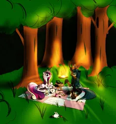 Size: 1177x1255 | Tagged: artist:spacehunt, cadalis, changeling, derpibooru import, female, fire, friendship, lesbian, night, picnic, princess cadance, queen chrysalis, rabbit, safe, shipping, stories, wood