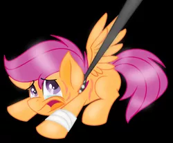 Size: 1024x853 | Tagged: artist:lekrazytacos, bandage, crying, derpibooru import, leash, scootabuse, scootaloo, scootapet, semi-grimdark, solo