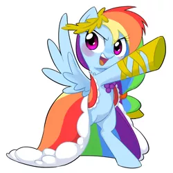 Size: 780x780 | Tagged: safe, artist:30clock, derpibooru import, rainbow dash, pegasus, pony, the best night ever, bipedal, blushing, clothes, dress, female, gala dress, jewelry, mare, necklace, open mouth, pixiv, pointing, simple background, solo, white background