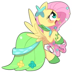 Size: 700x700 | Tagged: safe, artist:30clock, derpibooru import, fluttershy, pegasus, pony, blushing, clothes, dress, female, gala dress, mare, open mouth, pixiv, simple background, solo, white background