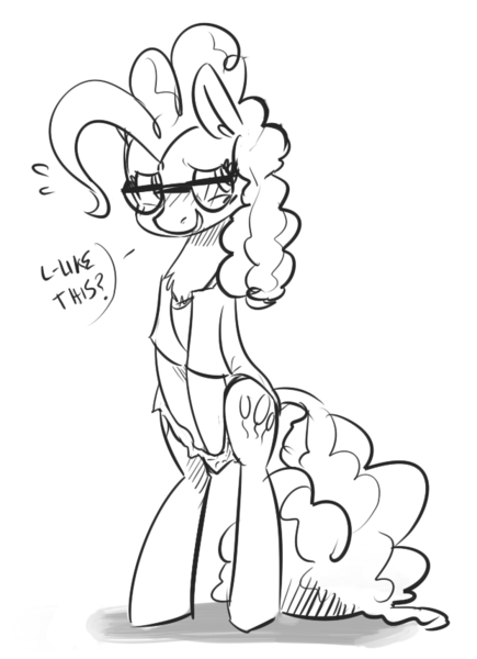 Size: 621x857 | Tagged: safe, artist:xieril, derpibooru import, pinkie pie, pony, bipedal, blushing, clothes, covering, cute, diapinkes, glasses, monochrome, oversized clothes, oversized shirt, presenting, shirt, shy, solo
