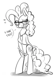 Size: 621x857 | Tagged: safe, artist:xieril, derpibooru import, pinkie pie, pony, bipedal, blushing, clothes, covering, cute, diapinkes, glasses, monochrome, oversized clothes, oversized shirt, presenting, shirt, shy, solo