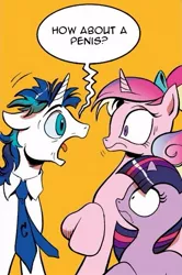 Size: 365x549 | Tagged: suggestive, derpibooru import, edit, idw, princess cadance, shining armor, twilight sparkle, alicorn, pony, unicorn, spoiler:comic, spoiler:comic11, dishevelled, exploitable meme, female, filly, filly twilight sparkle, male, meme, pewdiepie, screaming armor, teen princess cadance, younger