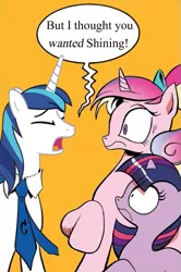 Size: 365x549 | Tagged: safe, derpibooru import, edit, idw, princess cadance, shining armor, twilight sparkle, alicorn, pony, unicorn, spoiler:comic, spoiler:comic11, crossing the memes, exploitable meme, female, filly, filly twilight sparkle, male, meme, memeception, pun, screaming armor, teen princess cadance, whining armor, younger