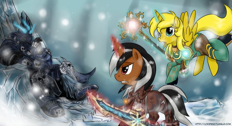 Size: 1300x705 | Tagged: safe, artist:pijinpyon, derpibooru import, oc, oc:star sparkler, oc:ticket, unofficial characters only, alicorn, pony, unicorn, alicorn oc, armor, arthas menethil, female, flying, frozen throne, glare, glowing eyes, gritted teeth, levitation, lich king, magic, mare, open mouth, quel'delar, sitting, spread wings, staff, sword, telekinesis, throne, ticketsparkler, warcraft, weapon, world of warcraft