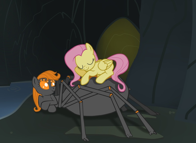 Size: 3755x2737 | Tagged: safe, artist:steampoweredstallion, derpibooru import, fluttershy, oc, drider, monster pony, original species, spiderpony, cave, image, jpeg, lying on top of someone, orange hair, resting