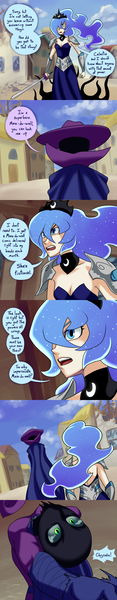 Size: 1050x5400 | Tagged: armor, artist:7nights, ask, ask human luna, comic, derpibooru import, human, humanized, light skin, mare do well, princess luna, queen chrysalis, safe, sword, tumblr, weapon