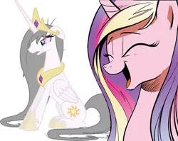 Size: 1224x976 | Tagged: alternate hairstyle, cadance laughs at your misery, crying, depressed, exploitable meme, meme, princess cadance, princess celestia, sad, safe