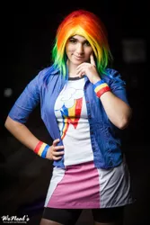 Size: 1366x2048 | Tagged: safe, artist:magyktrix, derpibooru import, rainbow dash, human, equestria girls, cosplay, equestria girls outfit, irl, irl human, photo, solo