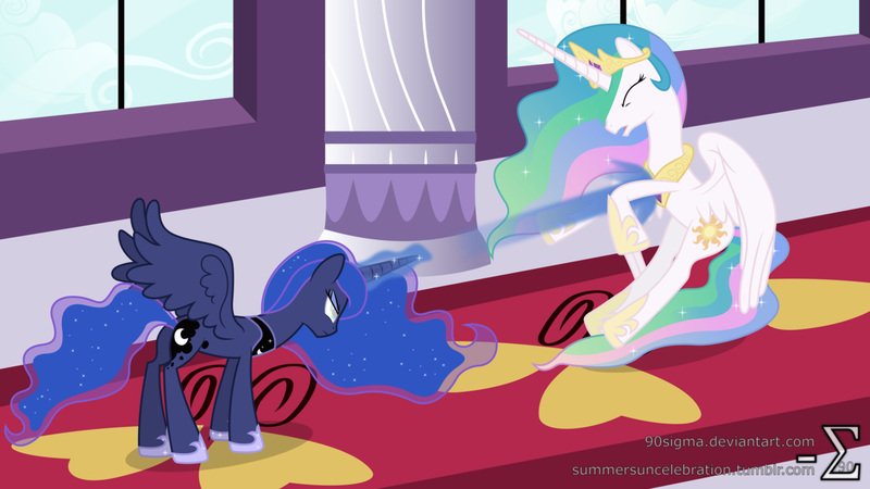 Size: 1191x670 | Tagged: artist:90sigma, derpibooru import, fight, magic, princess celestia, princess luna, safe