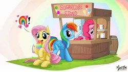 Size: 2560x1440 | Tagged: safe, artist:mysticalpha, derpibooru import, fluttershy, pinkie pie, rainbow dash, blushing, dock, eating, female, flutterdash, food, ice cream, lesbian, licking, plot, shipping, stall, voyeur, wallpaper