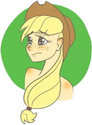 Size: 598x810 | Tagged: applejack, artist:sigmanas, bare shoulder portrait, blushing, crying, derpibooru import, head, human, humanized, light skin, nudity, portrait, safe, simple background, solo, transparent, transparent background, upset