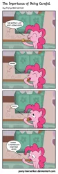 Size: 1152x3411 | Tagged: safe, artist:pony-berserker, derpibooru import, pinkie pie, earth pony, pony, comic:the importance of being careful, 2013, comic, dialogue, disgusted, eating, english, eww, female, food, gross, hoof hold, hoof licking, hoof licking good, hooves, humor, implied poop, indoors, inkscape, licking, lidded eyes, mare, mmh, monologue, muffin, onomatopoeia, open mouth, raised hoof, raised leg, sitting, smiling, solo, speech bubble, sugarcube corner, tongue out, vector
