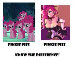 Size: 533x429 | Tagged: suggestive, artist:reiduran, artist:rustydooks, derpibooru import, edit, edited screencap, screencap, pinkie pie, earth pony, human, pony, too many pinkie pies, armpits, big breasts, breasts, busty pinkie pie, cleavage, clone, clothes, collar, dreamworks face, evening gloves, female, gloves, grin, humanized, know the difference, light skin, long gloves, maid, mare, multeity, pinkie clone, sexy, smiling, solo, solo female, too much pink energy is dangerous