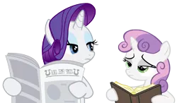 Size: 1537x895 | Tagged: book, derpibooru import, edit, implied facehoof, newspaper, rarity, rarity is not amused, reaction image, reading, safe, simple background, sisters, sweetie belle, sweetie belle is not amused, transparent background, unamused, vector