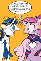 Size: 365x549 | Tagged: safe, derpibooru import, edit, idw, princess cadance, shining armor, twilight sparkle, alicorn, pony, unicorn, spoiler:comic, spoiler:comic11, attack on titan, exploitable meme, female, filly, filly twilight sparkle, male, meme, screaming armor, teen princess cadance, younger