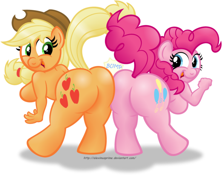 Size: 1000x800 | Tagged: suggestive, artist:aleximusprime, derpibooru import, applejack, pinkie pie, anthro, earth pony, applebutt, ass, balloonbutt, bipedal, breasts, bump, butt bump, butt to butt, butt touch, female, nudity, onomatopoeia, plot pair, sideboob, simple background, sunshine sunshine, transparent background