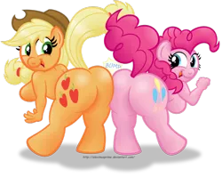 Size: 1000x800 | Tagged: suggestive, artist:aleximusprime, derpibooru import, applejack, pinkie pie, anthro, earth pony, applebutt, ass, balloonbutt, bipedal, breasts, bump, butt bump, butt to butt, butt touch, female, nudity, onomatopoeia, plot pair, sideboob, simple background, sunshine sunshine, transparent background