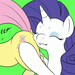 Size: 2400x2400 | Tagged: suggestive, artist:vulapa, derpibooru import, fluttershy, rarity, pony, unicorn, butt touch, butthug, cheeks, dialogue, dock, eyes closed, faceful of ass, female, flarity, hoof on butt, lesbian, mare, molestation, plot, rubbing, shipping, smiling