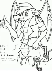 Size: 2464x3340 | Tagged: artist:mcbain, clothes, derpibooru import, dragon, fizzle, leather jacket, monochrome, safe, solo, teenaged dragon