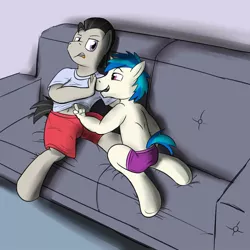 Size: 1280x1280 | Tagged: suggestive, artist:fuzebox, derpibooru import, octavia melody, vinyl scratch, anthro, unguligrade anthro, boop, boxers, clothes, couch, gay, male, octavius, otto octavius, record scrape, rule 63, scrapetavius, scratchtavia, shipping, shorts, stripping, t-shirt, topless, underwear
