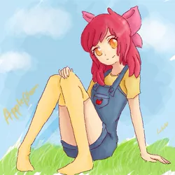 Size: 599x599 | Tagged: adorabloom, apple bloom, artist:no-tobi, clothes, colored pupils, cute, derpibooru import, female, grass, human, humanized, light skin, missing shoes, overalls, safe, sitting, socks, solo, thigh highs, young