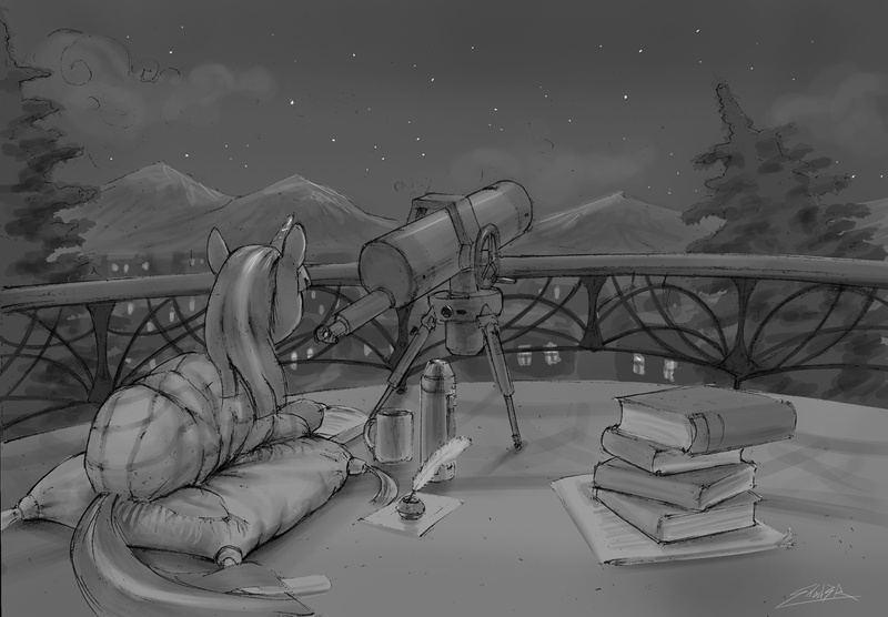 Size: 1280x890 | Tagged: dead source, safe, artist:shad3r, derpibooru import, twilight sparkle, pony, unicorn, fanfic, balcony, book, cloud, fanfic art, female, grayscale, image, jpeg, mare, monochrome, mountain, mountain range, mug, night, pillow, prone, quill, reading, rear view, solo, stargazing, stars, telescope, tree, unicorn twilight