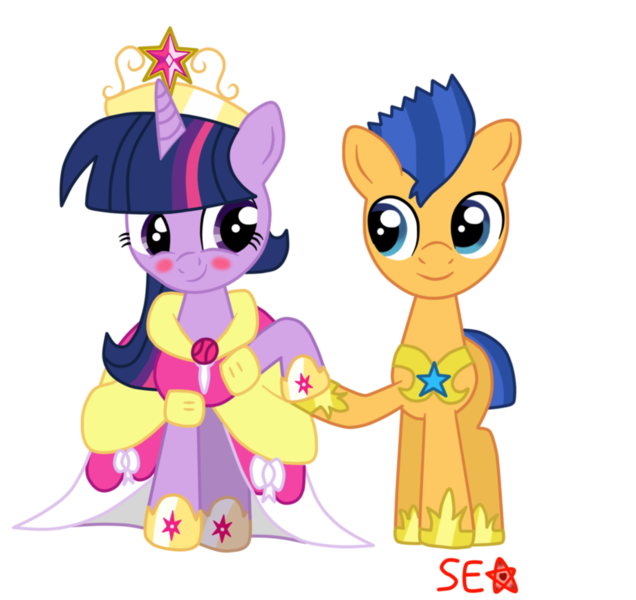 Size: 920x868 | Tagged: safe, artist:supererikastar, derpibooru import, flash sentry, twilight sparkle, twilight sparkle (alicorn), alicorn, pony, blushing, clothes, dress, female, flashlight, male, mare, shipping, straight