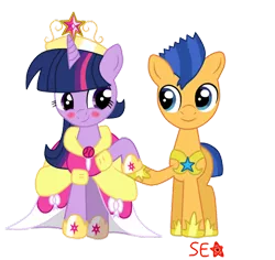 Size: 920x868 | Tagged: safe, artist:supererikastar, derpibooru import, flash sentry, twilight sparkle, twilight sparkle (alicorn), alicorn, pony, blushing, clothes, dress, female, flashlight, male, mare, shipping, straight