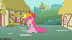 Size: 360x202 | Tagged: safe, derpibooru import, edit, edited screencap, screencap, applejack, pinkie pie, rainbow dash, pony, applebuck season, feeling pinkie keen, animated, faceplant, falling, gif, hat, imgflip, pinkie sense, seesaw, silly, silly pony, twitchy tail, umbrella hat, who's a silly pony