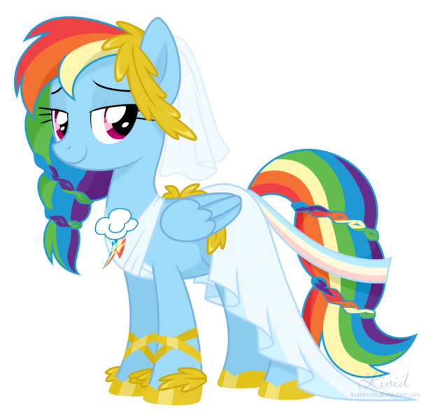 Size: 1448x1404 | Tagged: safe, artist:kumkrum, derpibooru import, rainbow dash, pegasus, pony, alternate hairstyle, clothes, dress, female, mare, rainbow dash always dresses in style, simple background, smiling, solo, transparent background, wedding dress