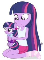 Size: 570x780 | Tagged: safe, artist:dm29, derpibooru import, twilight sparkle, equestria girls, clothes, cute, dressup, duality, duo, equestria girls outfit, filly, grumpy, human ponidox, julian yeo is trying to murder us, pony pet, simple background, socks, square crossover, striped socks, transparent background, underwear