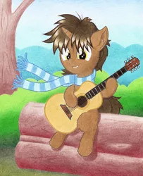 Size: 2000x2465 | Tagged: artist:agamnentzar, chest fluff, clothes, daniel ingram, derpibooru import, guitar, oc, oc:daniel ingram, ponified, safe, scarf, solo, traditional art, unofficial characters only