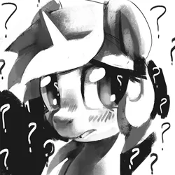 Size: 560x560 | Tagged: artist:mewball, derpibooru import, eye reflection, grayscale, lyra heartstrings, monochrome, portrait, questioning, question mark, reflection, safe, solo, three quarter view