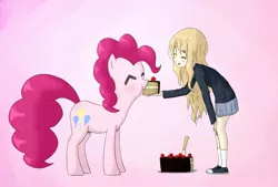 Size: 1183x800 | Tagged: anime, artist:239asd, cake, clothes, crossover, derpibooru import, k-on, kotobuki tsumugi, pinkie pie, safe, schoolgirl