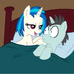 Size: 500x500 | Tagged: safe, artist:jcking101, artist:madmax, derpibooru import, edit, neon lights, rising star, vinyl scratch, pony, aftersex ponies, bed, female, implied sex, male, morning after, pillow, straight, surprised, vinylights, wide eyes