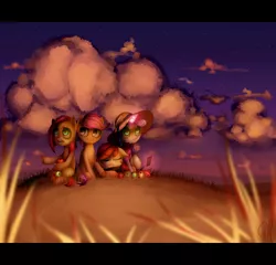 Size: 5000x4800 | Tagged: absurd resolution, apple, apple bloom, artist:vardastouch, babs seed, cutie mark crusaders, derpibooru import, hat, magic, safe, scootaloo, sunset, sweetie belle