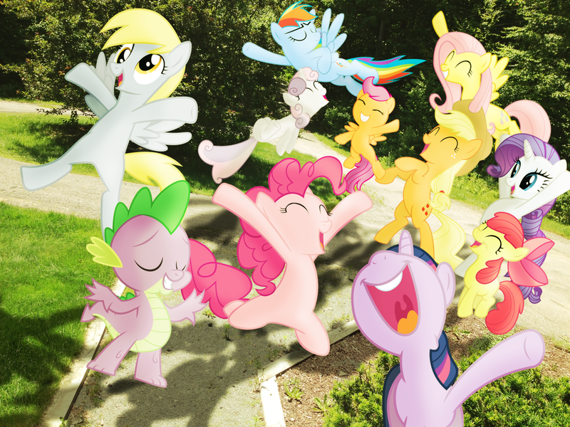 Size: 1024x768 | Tagged: safe, artist:nikorurene, derpibooru import, apple bloom, applejack, derpy hooves, fluttershy, pinkie pie, rainbow dash, rarity, scootaloo, spike, sweetie belle, twilight sparkle, pegasus, pony, cutie mark crusaders, driveway, female, happy, irl, mane seven, mane six, mare, outdoors, photo, ponies in real life, shadow, smiling, vector, walkway