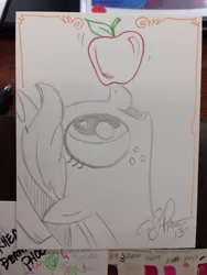Size: 768x1024 | Tagged: apple, applejack, artist:andypriceart, balancing, derpibooru import, ponies balancing stuff on their nose, safe, solo, traditional art