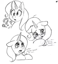 Size: 1163x1280 | Tagged: safe, artist:sdteddybear, derpibooru import, trixie, pony, unicorn, blushing, derp, dialogue, facial expressions, female, mare, monochrome, sad, solo