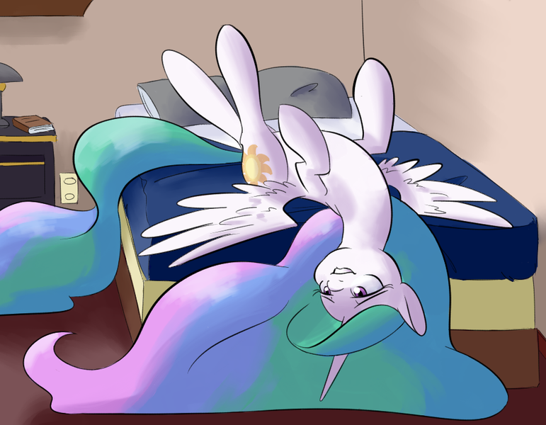 Size: 900x700 | Tagged: safe, artist:goat train, deleted from derpibooru, derpibooru import, princess celestia, alicorn, pony, bed, bedroom, cute, cutelestia, female, grin, horses doing horse things, legs in air, mare, missing accessory, on back, rolling, sillestia, smiling, solo, spread wings