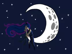 Size: 4000x3000 | Tagged: artist:doorooz, checkered socks, clothes, crescent moon, derpibooru import, human, humanized, light skin, moon, princess luna, safe, shoes, socks, solo, sword, tangible heavenly object, transparent moon, windswept mane