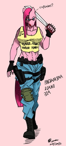 Size: 1000x2200 | Tagged: anthro, artist:gasmaskfox, clothes, derpibooru import, machete, pinkamena diane pie, pinkie pie, safe, solo