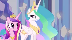 Size: 1024x576 | Tagged: safe, derpibooru import, screencap, princess cadance, princess celestia, alicorn, pony, equestria girls, aunt and niece, jewelry, regalia, tiara