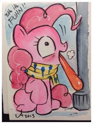 Size: 675x900 | Tagged: safe, artist:amy mebberson, derpibooru import, pinkie pie, frozen, solo, stuck, tongue out, tongue stuck to pole, traditional art