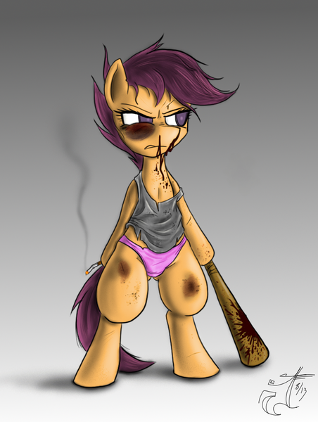 Size: 712x946 | Tagged: grimdark, artist:evo, artist:melancholy, derpibooru import, scootaloo, pony, badass, baseball bat, bipedal, blood, cigarette, clothes, colored, injured, nosebleed, panties, scootabuse, smoking, solo, underwear, weapon