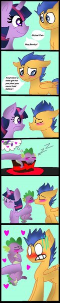 Size: 400x2000 | Tagged: safe, artist:ghostfacenikol, derpibooru import, flash sentry, rarity, spike, twilight sparkle, twilight sparkle (alicorn), alicorn, pony, accidental kiss, blushing, female, heart, kissing, male, mare, shipping, sleeping, sparity, straight