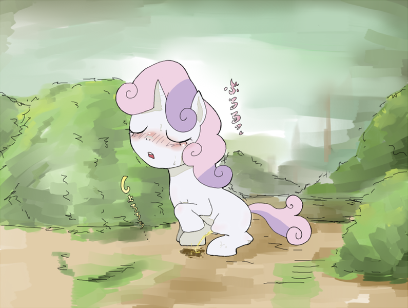 Size: 800x604 | Tagged: suggestive, artist:kuromozuku, derpibooru import, sweetie belle, pony, unicorn, blushing, female, japanese, outdoors, peegasm, pissing, pixiv, promingent female, relief, solo, urine, using the bathroom in the woods