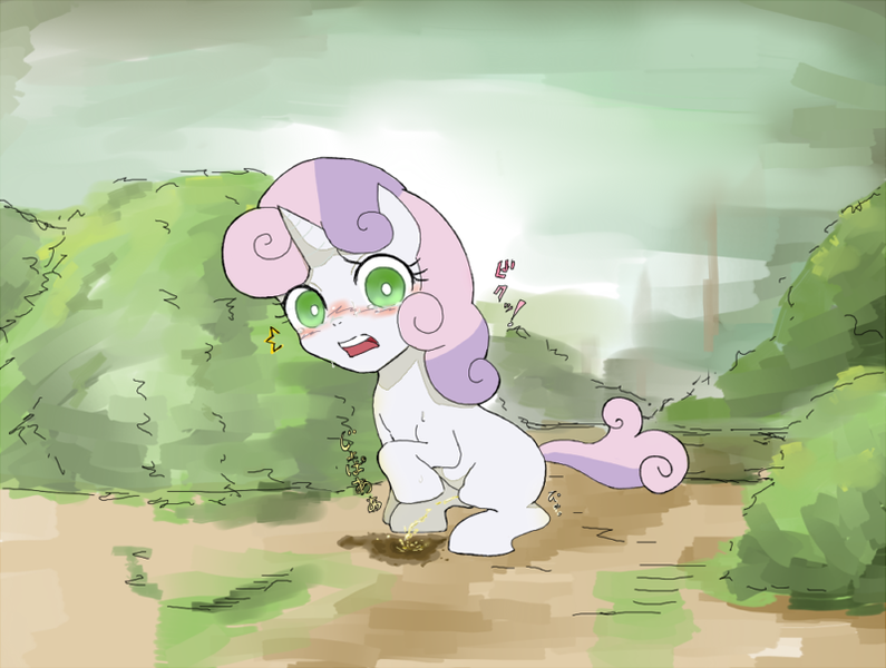 Size: 800x604 | Tagged: suggestive, artist:kuromozuku, derpibooru import, sweetie belle, pony, unicorn, blushing, caught, embarrassed, female, japanese, outdoors, pissing, pixiv, promingent female, solo, urine, using the bathroom in the woods